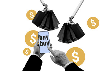 Creative collage online estore payment shopaholic bargain dollar currency smartphone touchscreen...