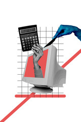 Composite trend artwork sketch photo collage of monochrome office manager obsolete retro computer monitor hand hold calculator knife