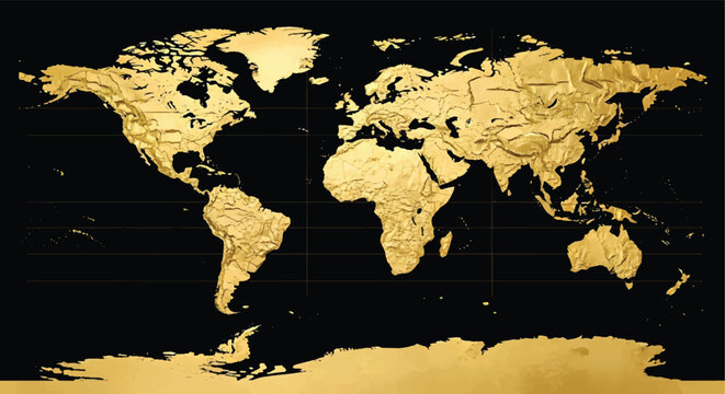 Golden world map with 3D relief texture on black background, luxury metallic earth atlas vector, elegant global geography illustration for business