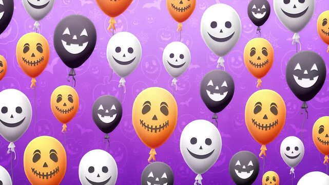 A video of colorful Halloween balloons floating in the air with spooky faces