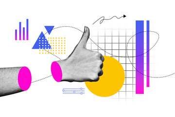 Trend artwork banner sketch 3D photo collage of showing gesture finger body language hand thumb up...