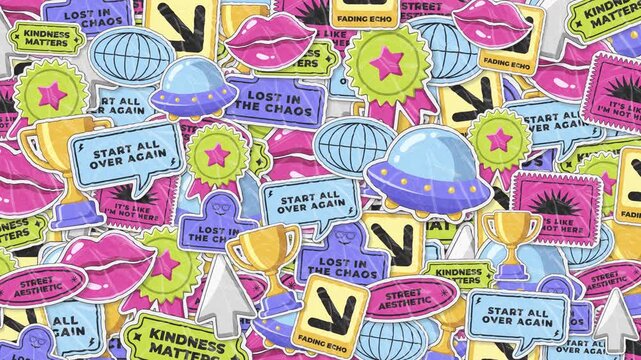 A vibrant video showcasing a colorful array of stickers and decals in various shapes and sizes