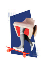 Composite trend artwork 3D sketch image collage of young woman legs stand skateboard appear huge...