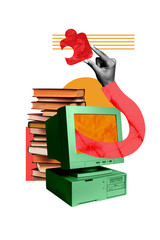 3D collage poster template trend artwork of reader hobby study textbook book hand appear monitor...