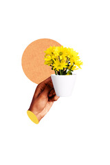 Collage vertical artwork of human arm hold cup fresh natural herbal tea isolated on drawing...