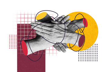 Composite photo collage of people arms put together teamwork support team building business deal...