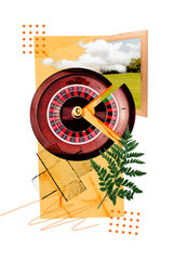Vertical photo collage of casino roulette table pizza imitation piece gambling game frame picture...