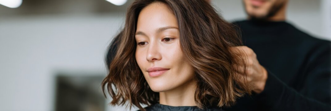 Adult asian female at hair salon enjoying a fresh shoulder-length wavy haircut styled by a male stylist in a bright contemporary salon setting