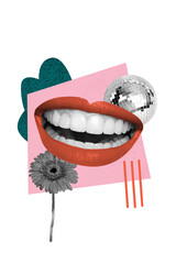 Composite trend artwork sketch image photo collage of young woman mouth lips smile showing teeth...