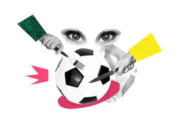 Creative photo poster trend art collage image of hands hold cutlery fork knife football ball sport...