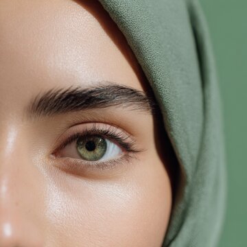 Young female caucasian with green eyes and thick brows wearing a green headscarf close-up eye portrait