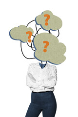 Vertical collage poster young headless woman question mark unsure uncertain find solution unknown...