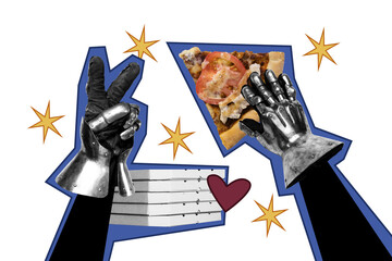 Creative sketch collage of knight hand show peace gesture wear armor protection hold pizza piece...