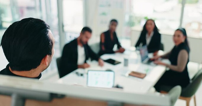 Businessman, meeting and discussion with applause on whiteboard for presentation or staff training. Man, speaker or talking to team or group clapping for project success or job well done in workplace