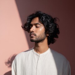 Obraz premium Male asian young adult with medium curly hair closed eyes sunlight stripe across face on pink wall