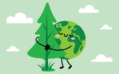 Naklejka premium Planet Earth Character Hugging Green Tree Outdoors with Clouds Environmental Protection Concept Flat Design