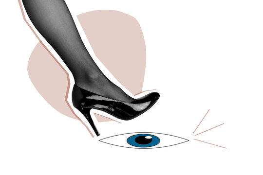 Composite photo collage of female businesswoman leg step eyeball vision observer heels domination stalker isolated on painted background