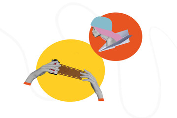 3D collage design composite trend artwork sketch of retro style hand hold tape film photo camera...