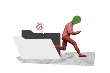 Creative image collage young headless running smart man idea concept think decide solve smartphone...