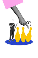 Trend composite sketch template 3D collage of bowling skittles hand gesture finger point young man...