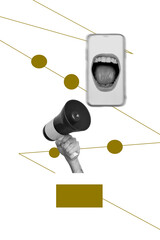 Banner vertical photo trend image collage of hand hold megaphone propaganda mouth scream phone fake...