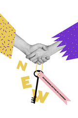 Vertical photo collage of two business people handshake cooperation success project startup key...