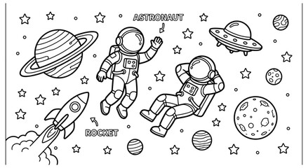 Astronaut in outer space coloring page for kids with rocket and ufo. © SHUVO