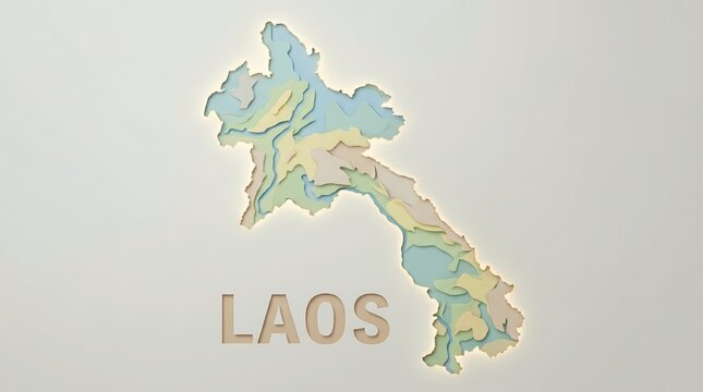 Laos Map Paper Cut Illustration Minimalist Travel Poster Southeast Asia Geography Design