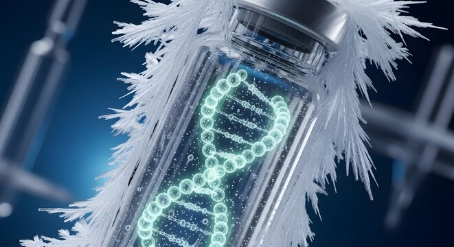 DNA genetic engineering and medical biotechnology. Genomic research and scientific innovation. Medicine vial containing a glowing DNA double helix structure with ice crystals