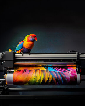 Vibrant Parrot Printer Color Output vivid scene technicolor bird beside large-format printer producing bright feather pattern visual