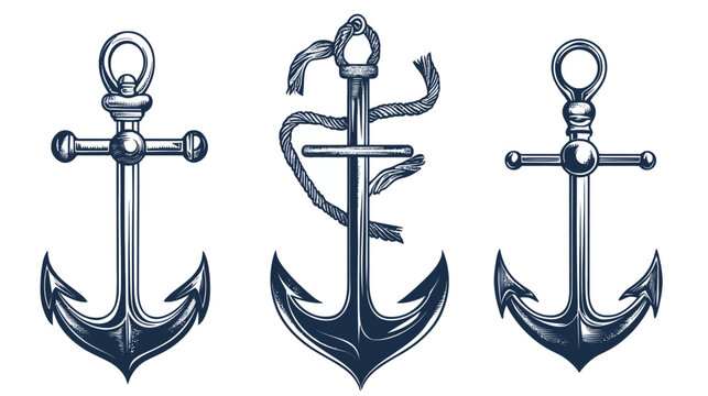 Three stylized, detailed illustrations of anchors. One is rope-wrapped, another plain, and the last with crossbar