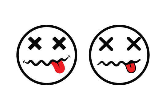 Two dead smiley face icons with cross eyes and red tongues hanging out on white background. Vector