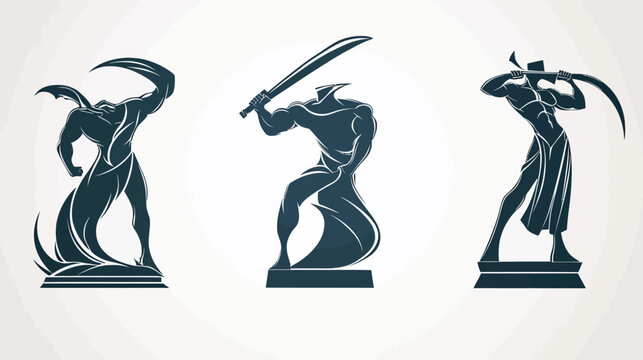 Three stylized, headless figures in dynamic poses, with weapons, on pedestals. Dark silhouette art