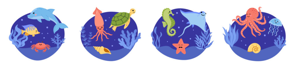 Cute ocean sea life animals cartoon set with dolphin turtle octopus seahorse crab starfish in circular underwater scenes collection flat vector illustration for kids © Karina