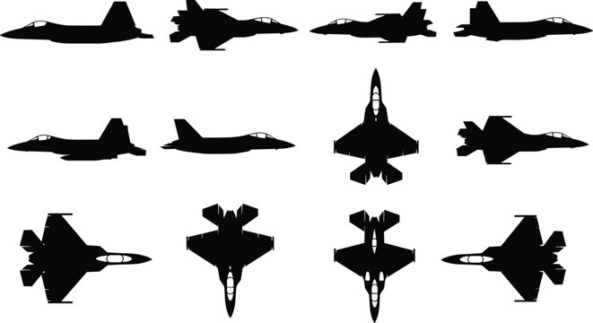 Fighter jet silhouettes collection isolated on white background, military aircraft in multiple views, black vector illustration set for aviation, defense, and technology design use