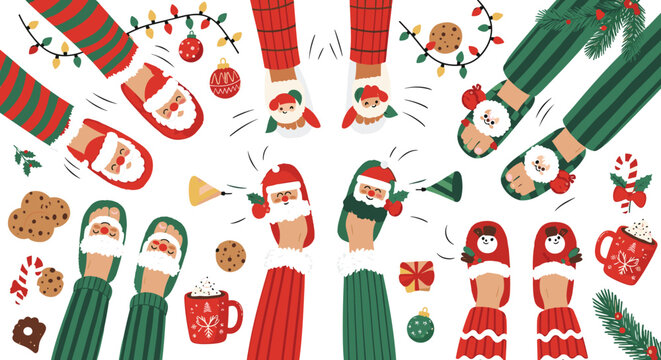 Festive Christmas Socks, Cookies, and Decorations with Santa Hats, Gifts, and Holiday Cheer for Winter Holiday Designs