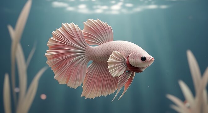 Beautiful pink betta fish swimming gracefully in a serene aquarium with aquatic plants around
