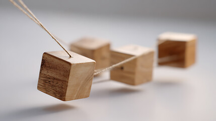 Fototapeta premium Minimalist composition of suspended wooden cubes, a conceptual representation of balance, connection, and interconnectedness on a light background