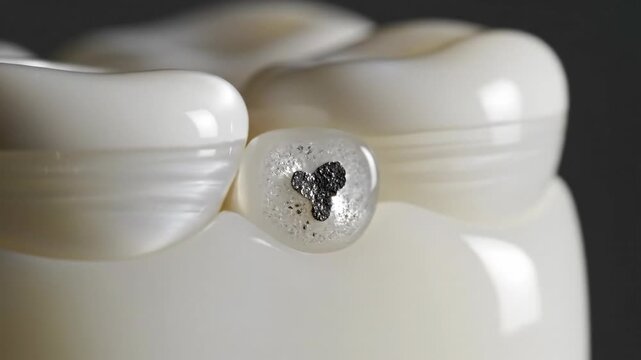 Extreme closeup of a dental crown with a metallic filling and ceramic details, showcasing restorative dentistry materials