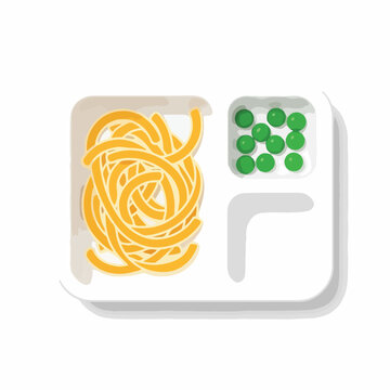 Simple cartoon illustration of a school lunch tray with spaghetti and peas on a white background