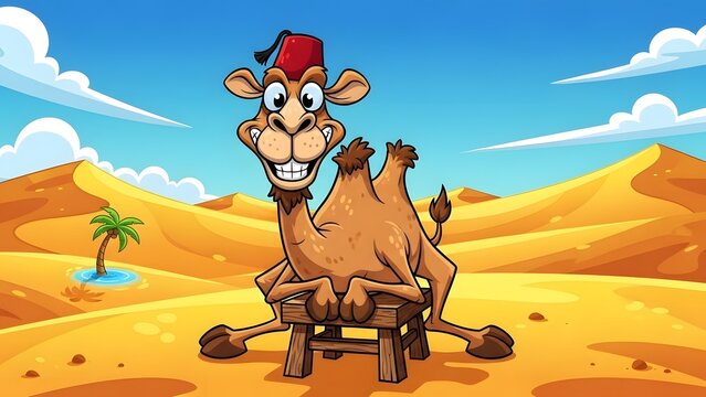Whimsical cartoon camel with a big smile and a red fez hat, humorously perched on a small stool amidst sun-drenched desert sand dunes with an oasis