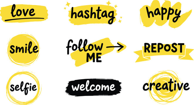 Hand drawn social media words set with love hashtag happy follow me repost smile selfie welcome creative text, yellow brush style vector illustration design