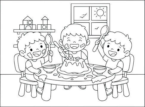 udding coloring page featuring three happy boys eating a messy sweet dessert
