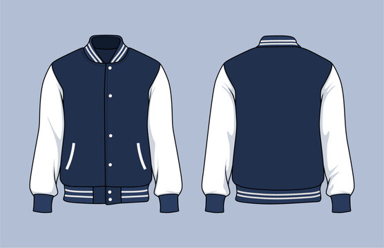 Navy Blue and White Sport Varsity Jacket Mockup Front and Back View.