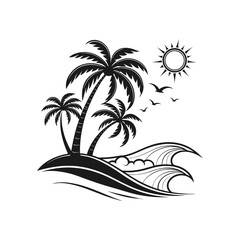 Obraz premium Stylized black and white illustration of a tropical island with palm trees, ocean waves, and a radiant sun in vintage woodcut design