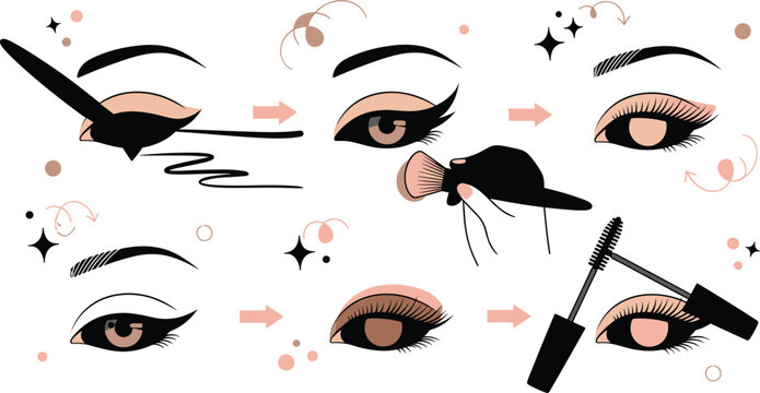 Eye makeup tutorial steps icons set with eyeliner application blending eyeshadow mascara and beauty routine illustration collection