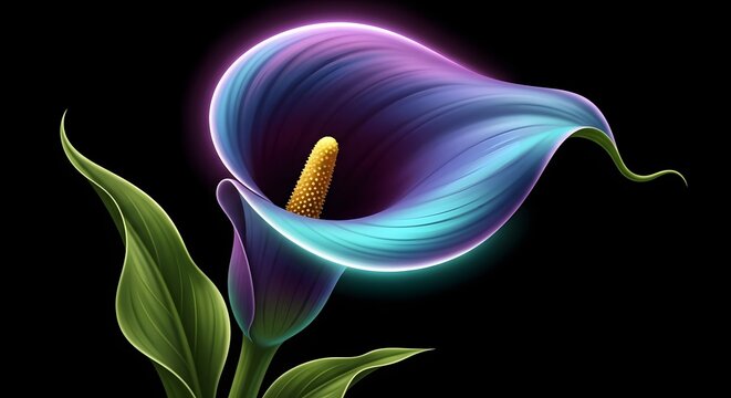 Single purple Calla Lily with glowing neon edges. Luxury floral design and modern aesthetic. Vibrant bloom with a yellow stamen and green leaves against a dark background
