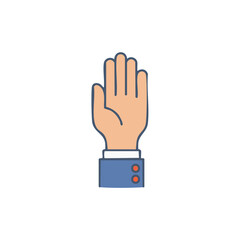 Fototapeta premium Human hand in blue suit sleeve showing open palm