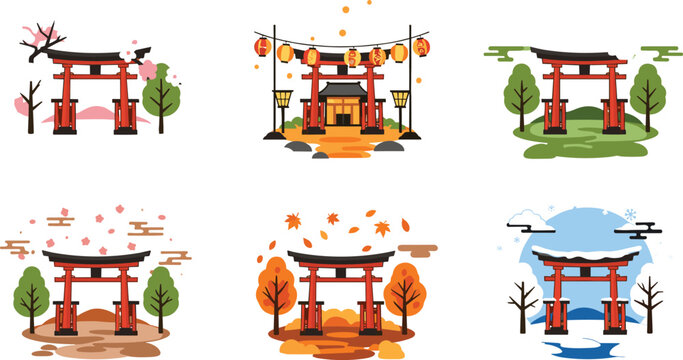 Torii gate seasonal scenes collection with spring summer autumn winter landscapes Japanese shrine architecture and nature illustration set