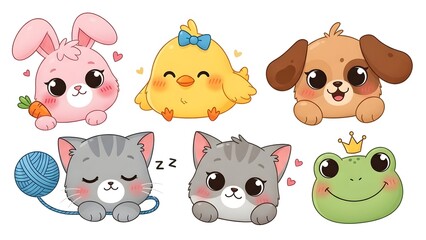 Obraz premium Adorable cartoon animal character collection featuring cute bunny, chick, puppy, kittens, and frog faces, perfect for children's designs and playful graphics